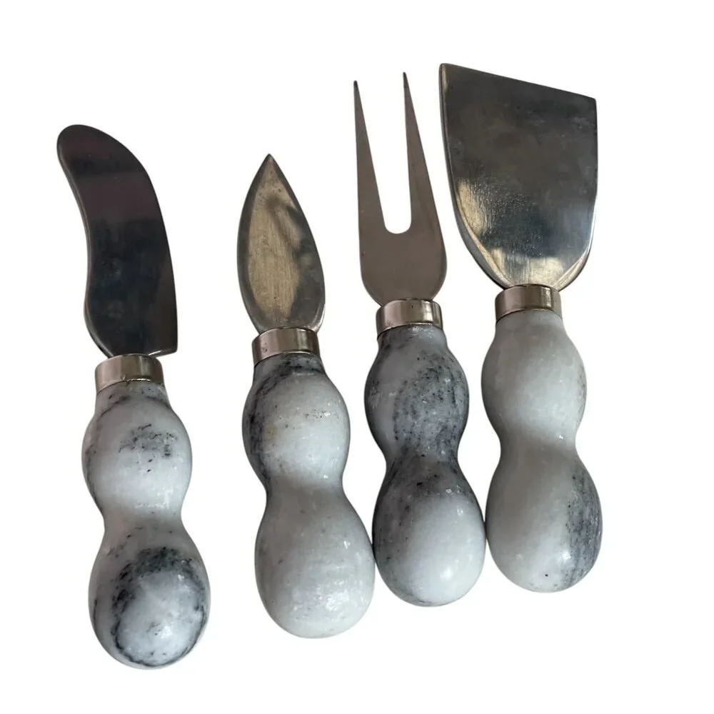 Cheese Spreader Charcuterie Set Gray/White Polished Marble Stainless Steel 5.5
